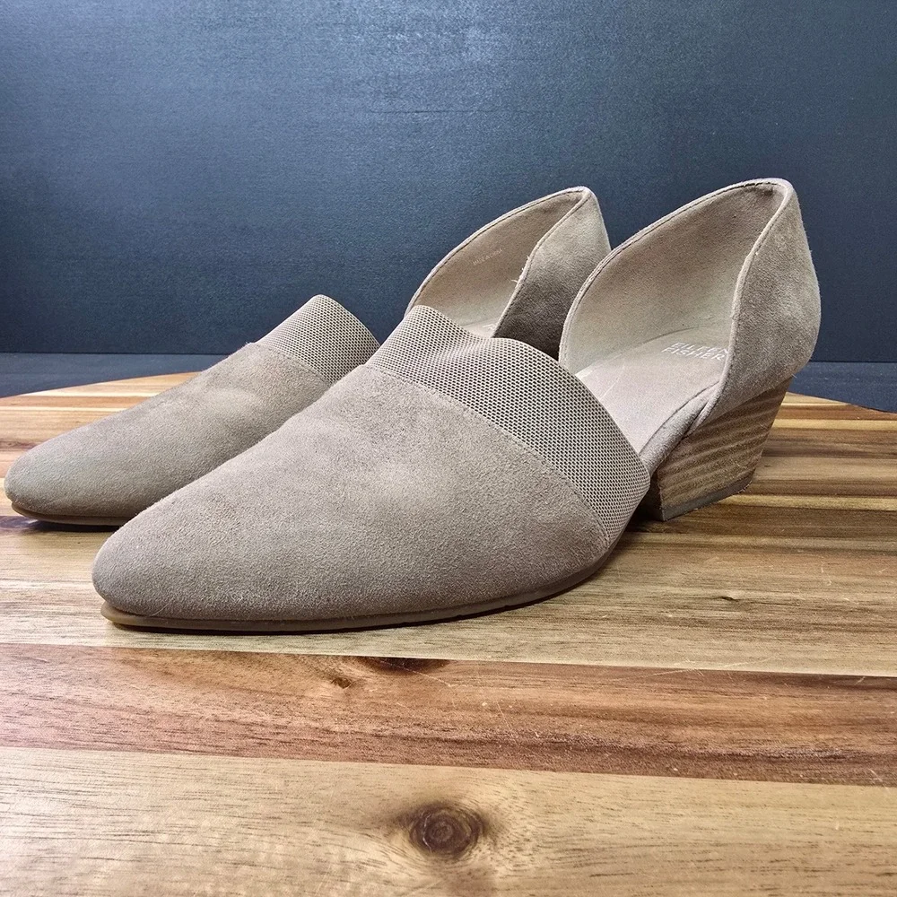 Eileen Fisher Wedge Pumps Womens 8.5 Taupe Suede dOrsay Elastic Strap Minimalist